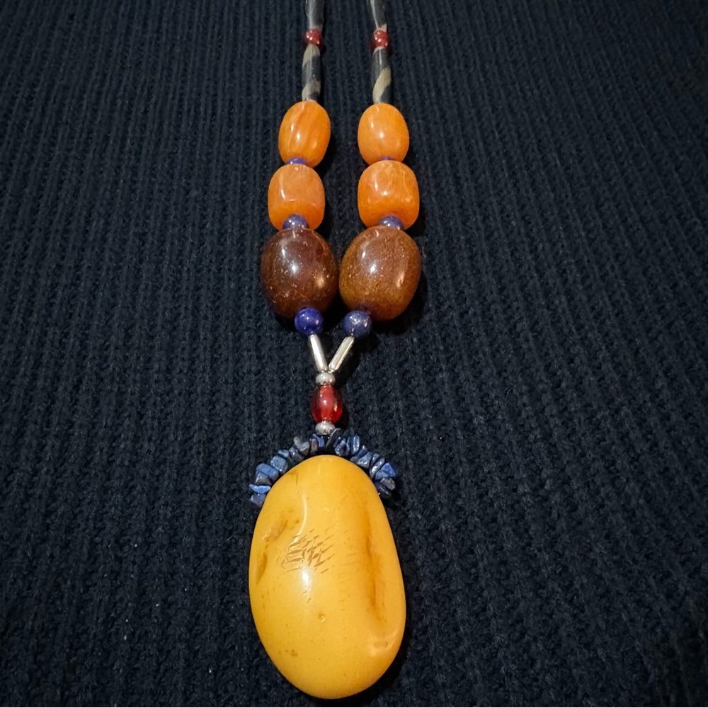 Large Amber, Lapis Lazuli & Sterling Silver Necklace